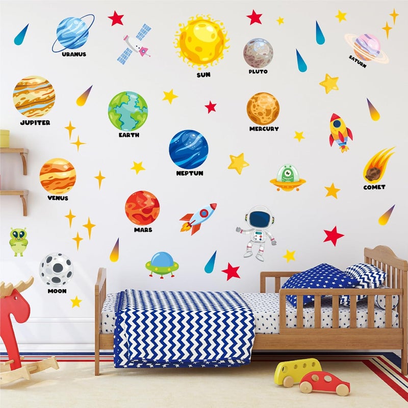 CharmFlo Outer Space Wall Decals 4 Sheets 58 Pcs Planets, Rocket & Astronaut Wall Stickers Removable Nursery Decor for Kids Bedroom, Playroom, Classroom Peel & Stick Space Theme Decals for Boys Girls - Image 1